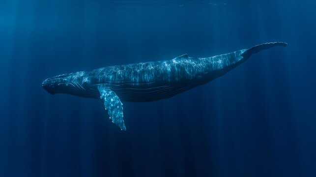 Majestic humpback whale swimming gracefully in the deep blue ocean underwater photography serene marine environment awe-inspiring viewpoint - Powered by Adobe