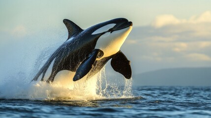 Fototapeta premium Orca whale breaching action in ocean waters at sunset nature photography dramatic seascape viewpoint marine life concept