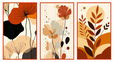 Set of three minimalist botanical posters featuring stylized flowers and leaves in warm earth tones like terracotta, beige, and black. Modern vector art for elegant home wall decor