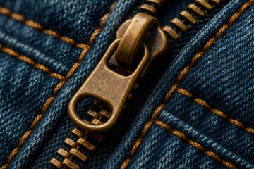 Close up showing a bronze metal zipper with a pull tab against blue jeans fabric, with visible orange stitching details