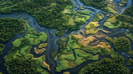 Aerial view of serene river islands lush green landscape nature photography tranquil environment bird's eye perspective