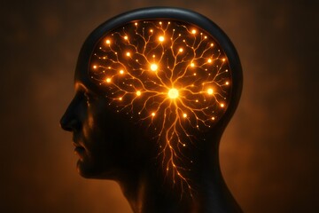 Obraz premium Head depicting an intricate glowing neural network, symbolizing artificial intelligence, deep learning, knowledge, and digital connection