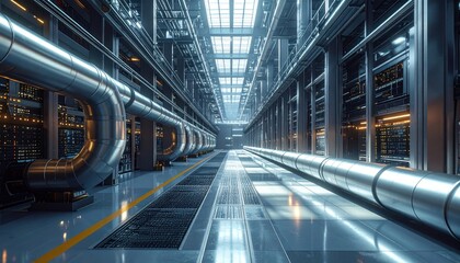 Naklejka premium Futuristic Industrial Interior with Pipes and Reflective Floor.