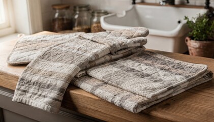 Medium shot of rustic cotton kitchen textile sets featuring textured towels quilted mitts and sturdy pot holders arranged on a wooden countertop for a cozy farmhouse vibe.