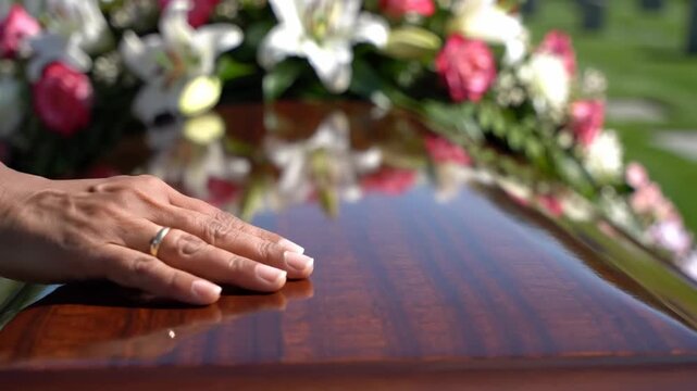 Womans hand with wedding ring touching coffin lid at a funeral service, a symbol of farewell and grief at cemetery footage