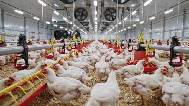 White broiler chicken crowded in a large, modern poultry farming facility walking and eating from feeders, farming footage.
