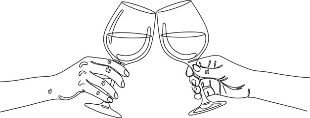 Continuous one line drawing of hands clinking wine glasses for celebration party wedding event and restaurant menu design
