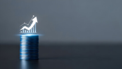 Stack of coins with holographic financial chart and upward arrow on dark background