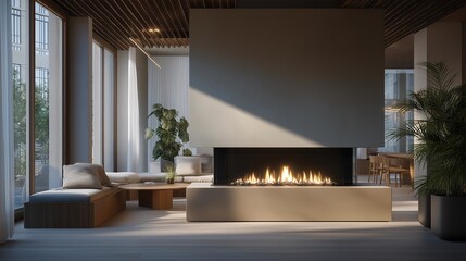 Modern fireplace design with linear flames and clean materials, integrated into a bright interior, conveying calm, functionality, and modern home luxury. cinematic color correction, natural uneven