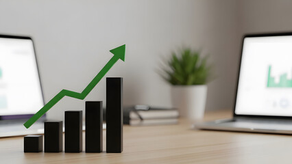 Office desk with laptops and 3D bar chart showing financial growth and business performance