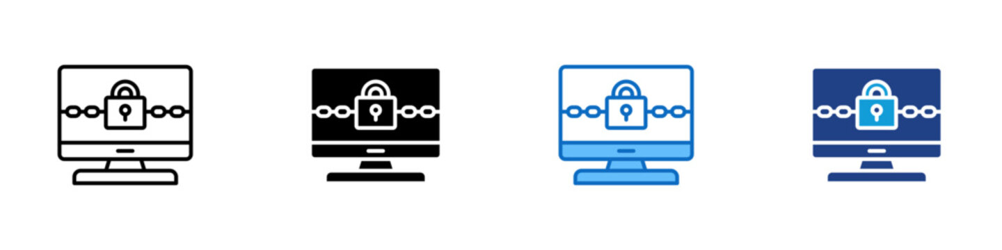 Ransomware Multiple Style Icon Design Vector - Locked computer screen with chain symbol, representing data encryption, extortion, and system lockdown