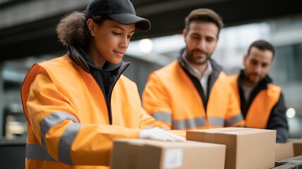 Delivery team preparing orders for transport, workers loading and securing items, illustrating logistics planning, safety compliance, and reliable customer supply. cinematic color correction,