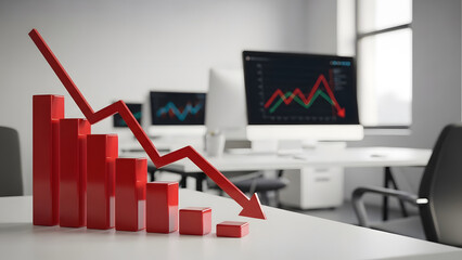 Red bar chart with downward arrow in office setting with monitors showing financial data trends