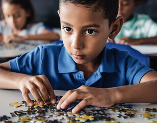Focused schoolboy learning in classroom, child education, concentration, childhood development, modern elementary school environment