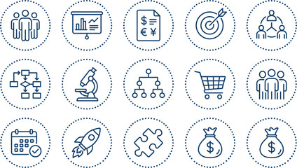 Navy Blue Line Art Vector Icon Set Featuring Business Startup Elements Including Financial Growth Teamwork Strategy Target Market Rocket Launch and Money Bags © Mahamudul