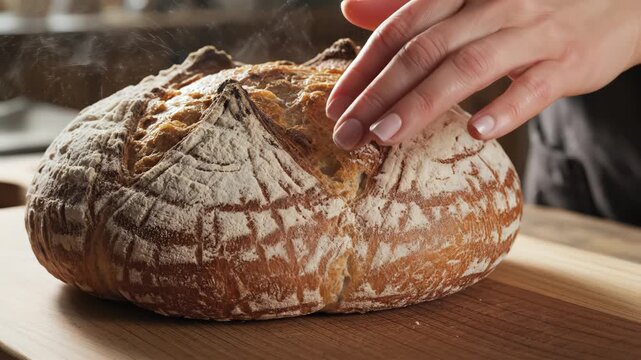 Freshly baked artisan bread on wooden surface