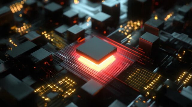 A Close-Up Exploration of a High-Tech Microchip Environment Highlighting Vibrant Colors and Intricate Patterns Within a Computation Circuitry Design Focused on Digital Performance.