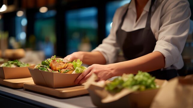 Waitress preparing take away food to bag at a restaurant counter, carefully placing meal containers into a paper bag, highlighting food service workflow, order fulfillment, hospitality industry,