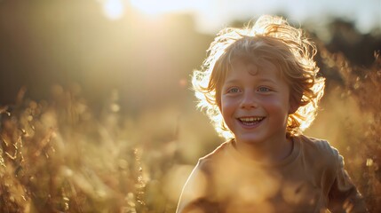 Smiling child portrait in soft golden sunlight surrounded by tall grass creating warm emotional childhood moment