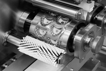 Candy and cake making machine with silver surface and bright light on it. machine is used for...