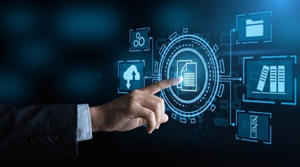 Businessman interacting with futuristic digital interface for document management