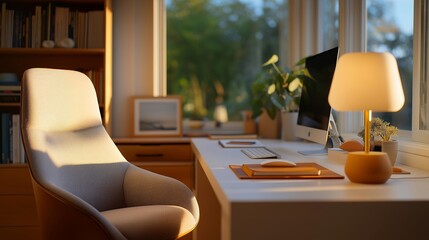 A modern study space with a sleek work desk and a comfortable chair, illuminated by a stylish desk lamp, showcasing a neatly organized workspace filled with essential study materials and personal