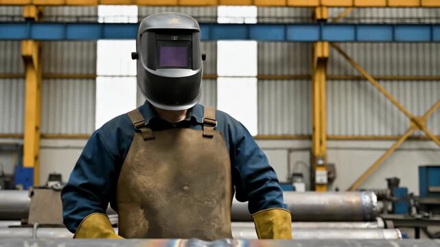 Welder man completing pipe welding, showing process of creating finished seam and giving thumb up inside factory footage