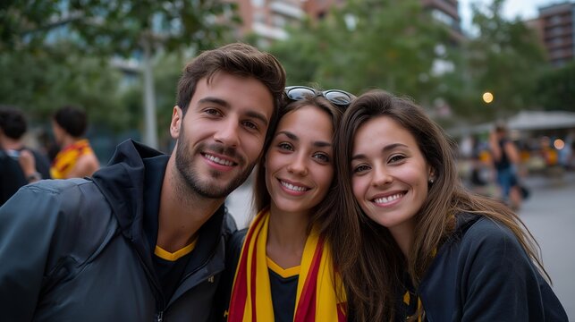 Fan zone scene with friends posing together before the match, team colors and flags visible, capturing excitement, belonging, and the ritual of watching sports together. cinematic color correction, - Powered by Adobe