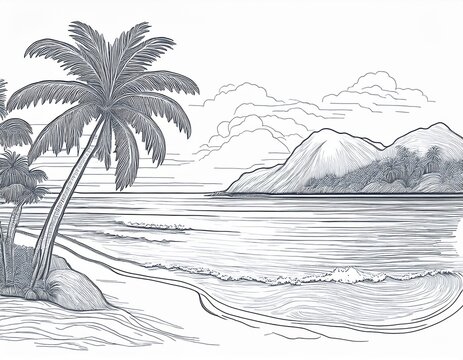 coastline sketch hand drawn line art in nature palm tree on tropical beach style m stock