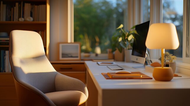 A modern study space with a sleek work desk and a comfortable chair, illuminated by a stylish desk lamp, showcasing a neatly organized workspace filled with essential study materials and personal