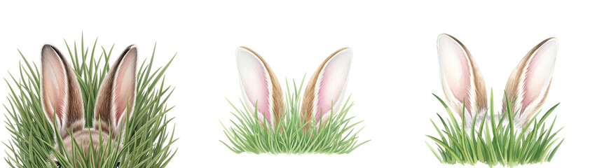 A set of bunny ears peeking out from behind green grass on transparent background