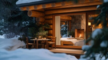 Naklejka premium Snow-covered cabin exterior paired with a warm fireplace inside, contrasting cold winter nature with interior safety, rest, and tranquility. cinematic color correction, natural uneven lighting yet