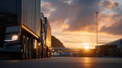Trucks lined up at a distribution center, workers coordinating the transfer of goods as the sun sets, emphasizing the importance of timely logistics and cargo management. cinematic color