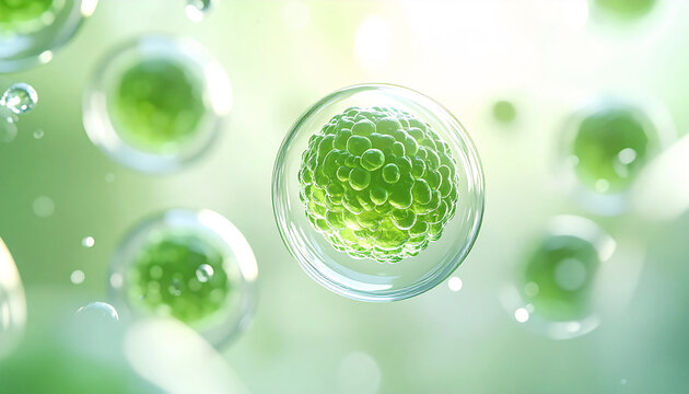 透明なバブルに包まれたグリーン細胞のイメージ　バイオ・スキンケア成分・マイクロカプセル背景　クリーンで明るい抽象ビジュアル / Green cell in a transparent bubble, biotech skincare ingredient microcapsule background, clean bright abstract visual