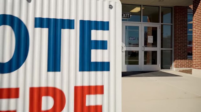 Vote here sign with arrows pointing toward entrance of election polling place for democracy and civic duty footage