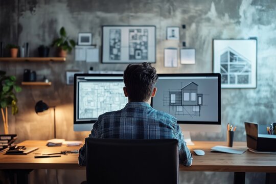 Minimalist office setup with architect working on digital house design, natural dayligh
