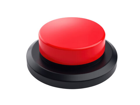 A single red button perched atop a black pedestal or base