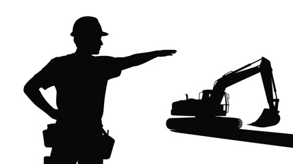 Construction worker gesturing towards excavator on site