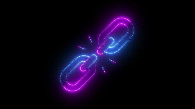 glowing neon unlink icon isolated on black background. broken Link icon animation. 4k video animation.