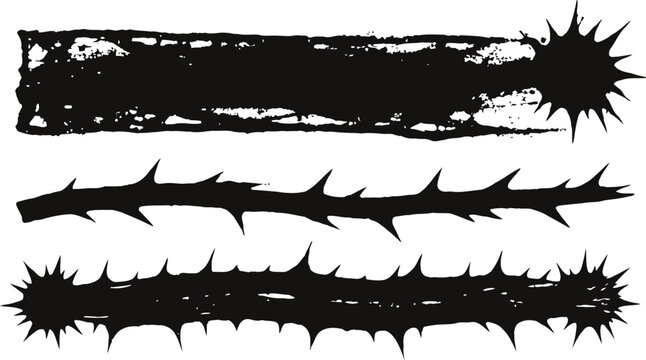 Three black grunge thorn branches vector design with sharp spikes and jagged edges