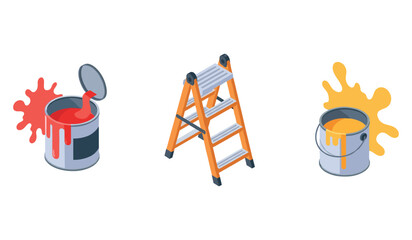 Colorful painting tools: red and yellow paint cans with ladder on white background