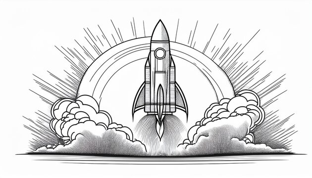 rocket sketch hand drawn line art in outline rocket launch in black and white m stock