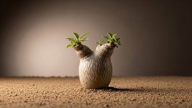 Rare caudiciform desert plant with sculptural trunk, artistic botanical photography for premium interiors