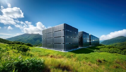 a massive data center surrounded by lush green hills and a blue sky emphasizing the idea of technology working in harmony with nature