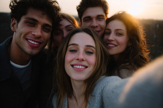 Group of happy friends taking a selfie at sunset.