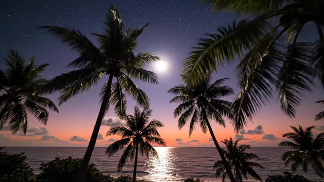 Tranquil tropical beach sunset changing to moonlit starry night sky with palm tree silhouettes by ocean, time lapse footage