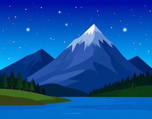 Mountain scene showing snow-capped peak, lake, trees, hills, and starry night sky