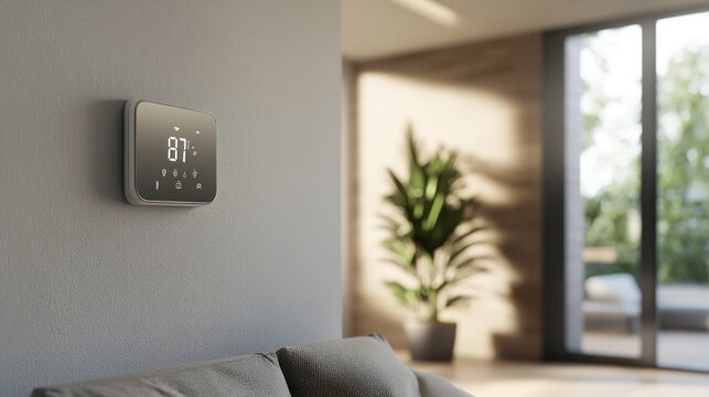 Modern smart thermostat on wall, showing 87?F.