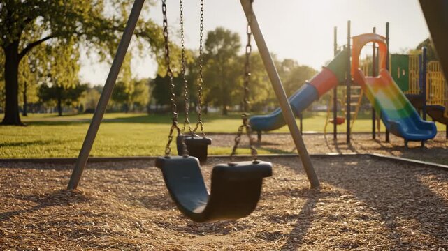 Empty swings on a playground moving gently, with wooden chips on the ground and bright sunshine in the background, footage