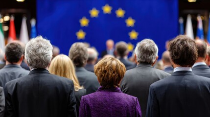 Leaders gather for a meeting in front of the European Union flag in Brussels during an important political discussion